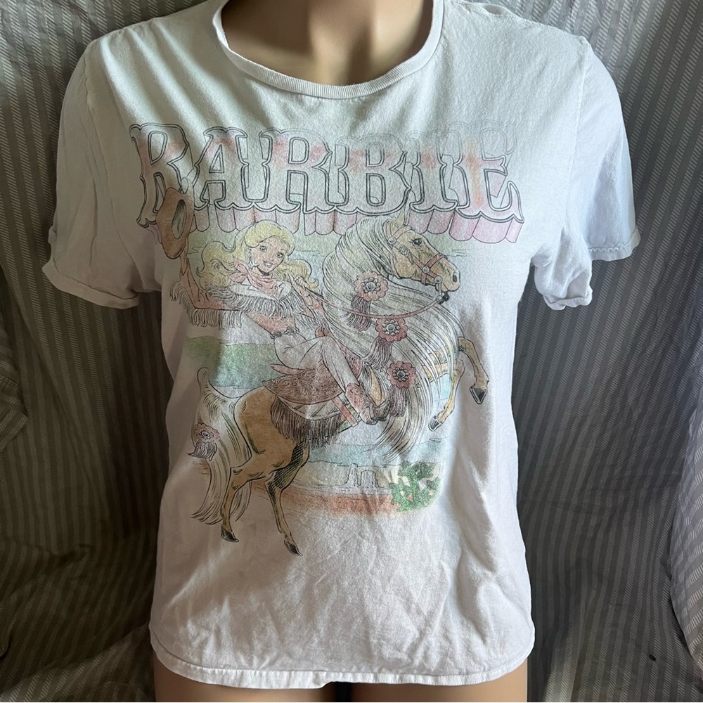 White Graphic T-Shirt with Barbie and Horse Design